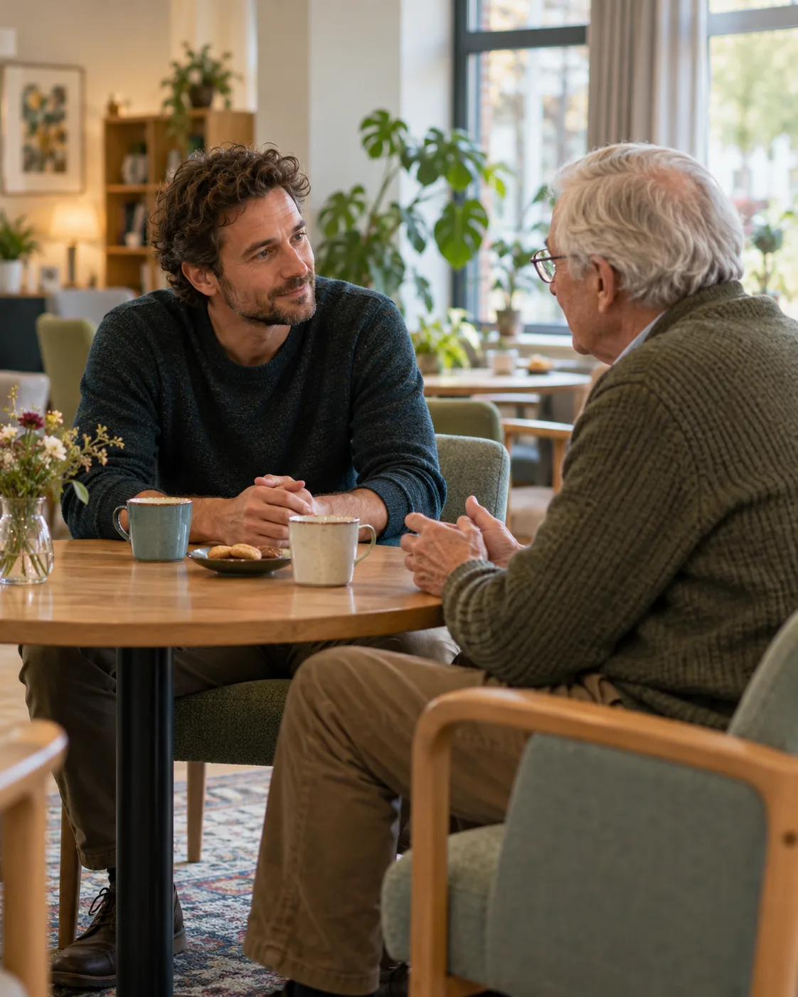 Sfeerbeeld van een persoonlijk gesprek aan tafel