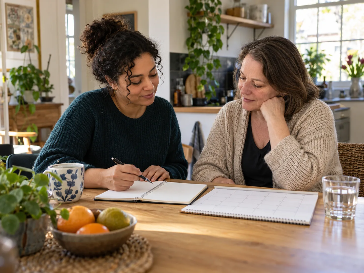 Sfeerbeeld van twee mensen die samen een weekplanning maken